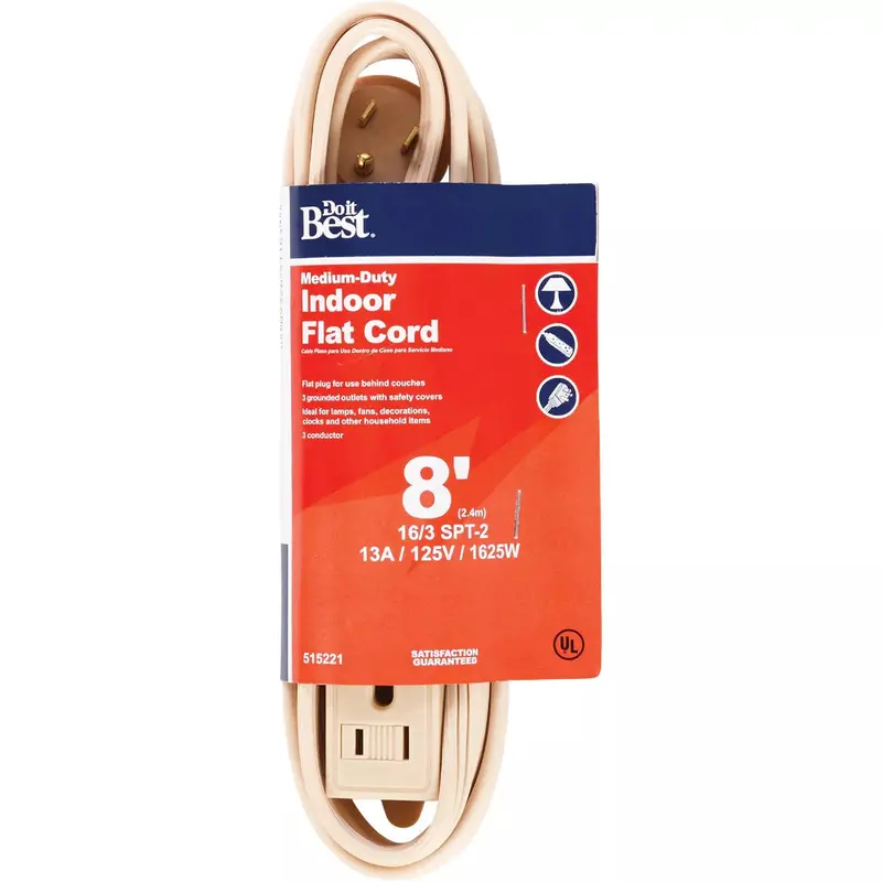 8-Foot Beige Flat Plug Extension Cord, 16/3 Gauge – Master Electrician Heavy-Duty Power Cable 1