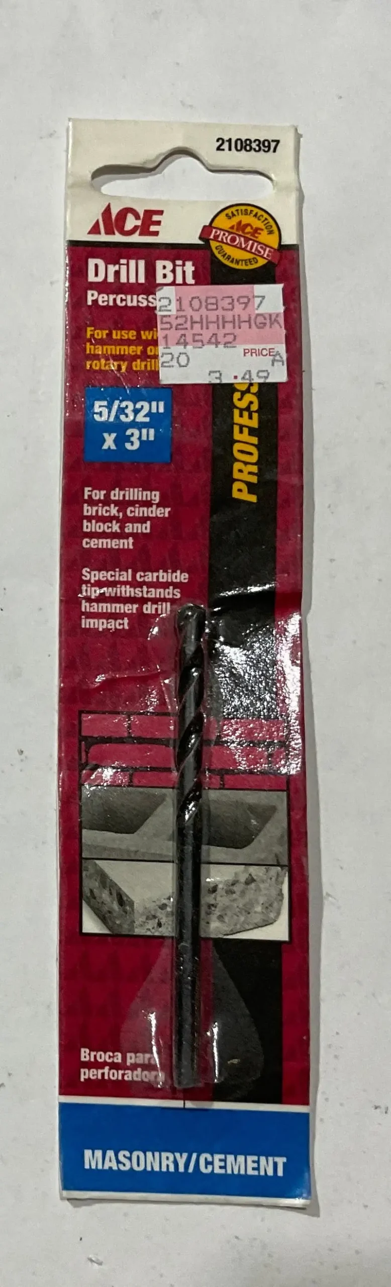 Ace Carbide-Tipped Percussion Masonry Drill Bit — 5/32" X 3", #23 1