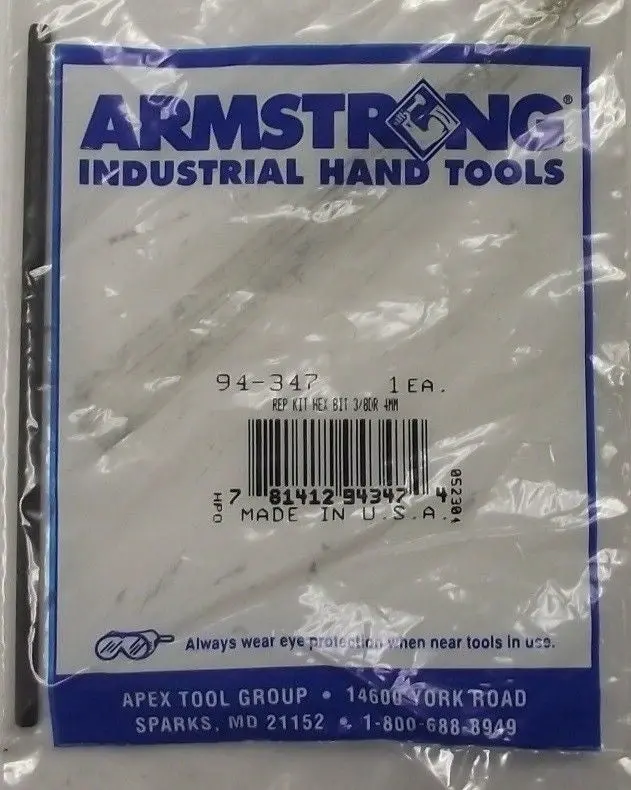 Armstrong 4Mm Hex Bit For 3/8" Drive – Made In Usa, Replacement Part 94-347 1