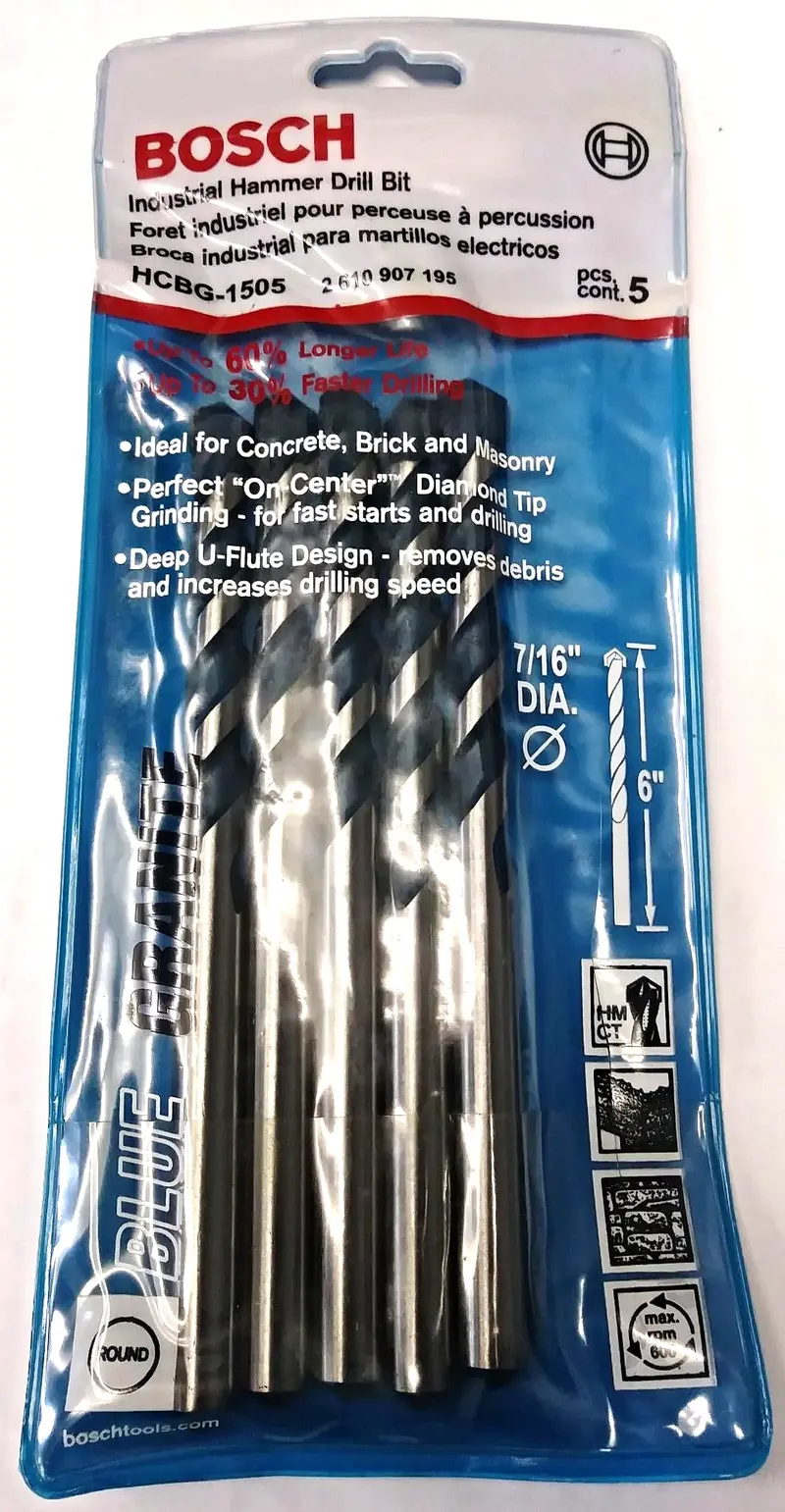 Bosch Hcbg-1505 Blue Granite Hammer Drill Bit Set – 5-Pack, 7/16" X 4" X 6", German Engineering 1