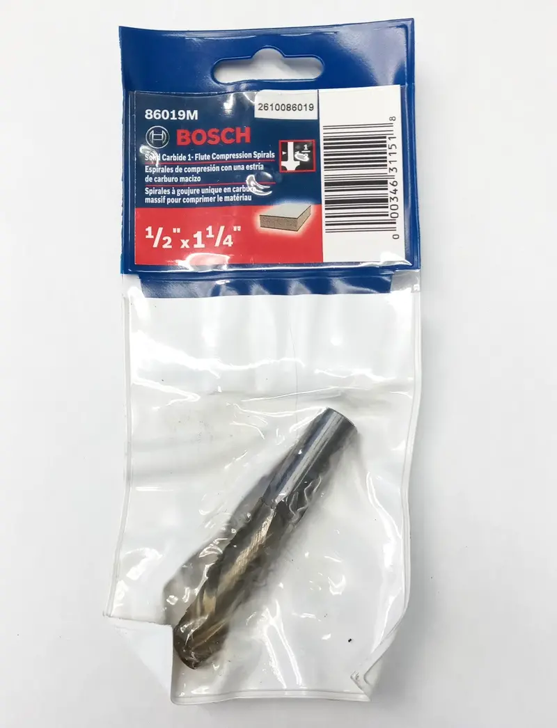 Bosch Solid Carbide Compression Spiral Router Bit – 1/2" Shank, 1/2" X 1-1/4" (Model 86019M) 1