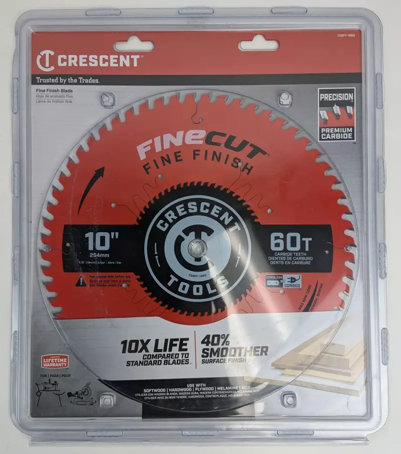 Crescent 10-Inch Fine-Finish Carbide Saw Blade, 60 Teeth, 5/8-Inch Arbor, Model Csbff-1060 1