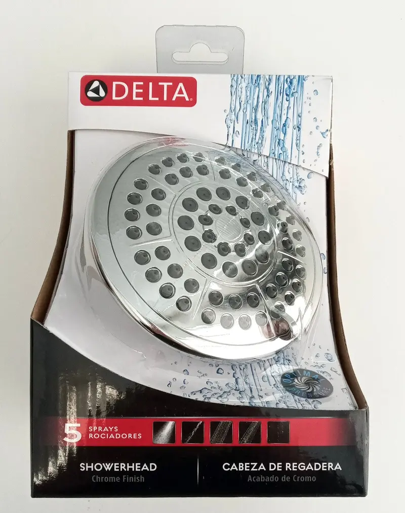 Delta Fixed Shower Head – Chrome-Finished, 5 Spray Settings, 1.75 Gpm Water Efficiency 1