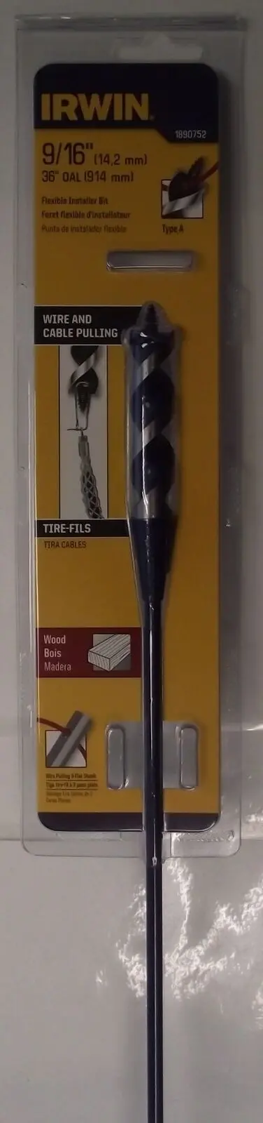 Irwin 1890752 Flexible Auger-Tip Installer Drill Bit – 9/16" X 36", Bendable Shaft For Tight Spaces 1