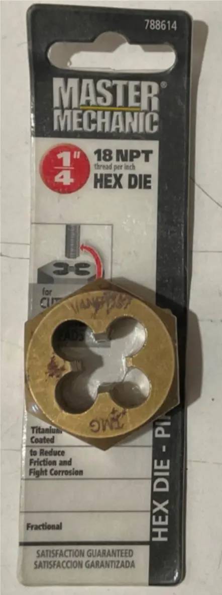 Master Mechanic Titanium-Coated Hex Die: 1/4" Npt, 18 Thread Per Inch 1