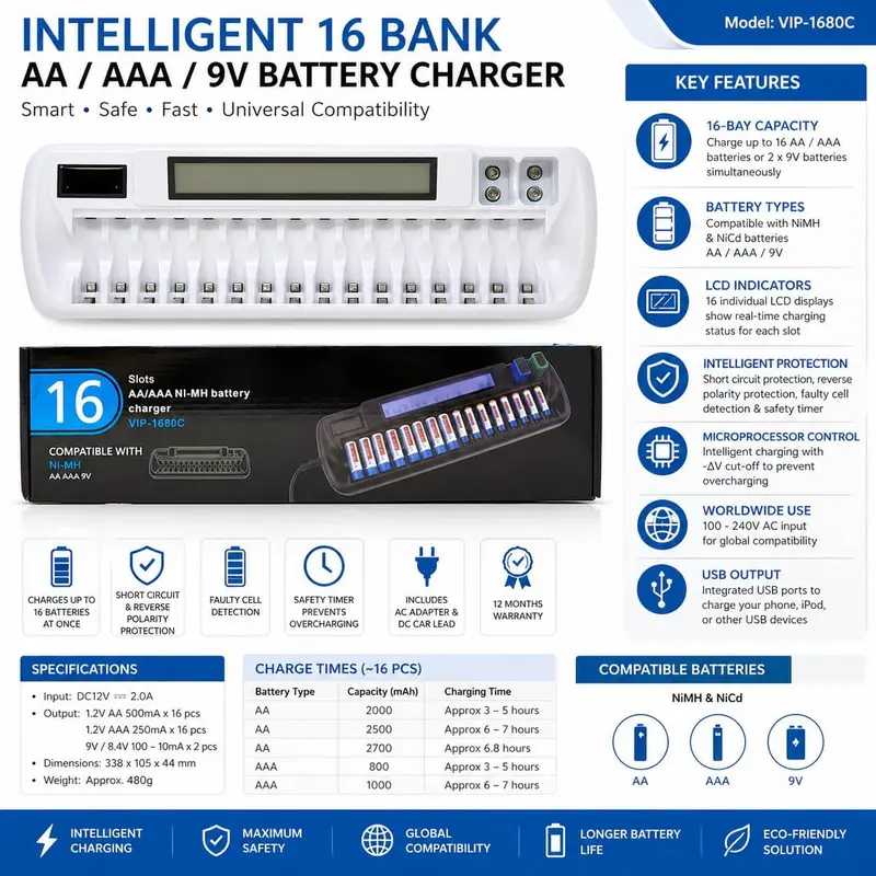 16-Slot Smart Aa/Aaa Battery Charger With Lcd Display And Auto-Detection 1